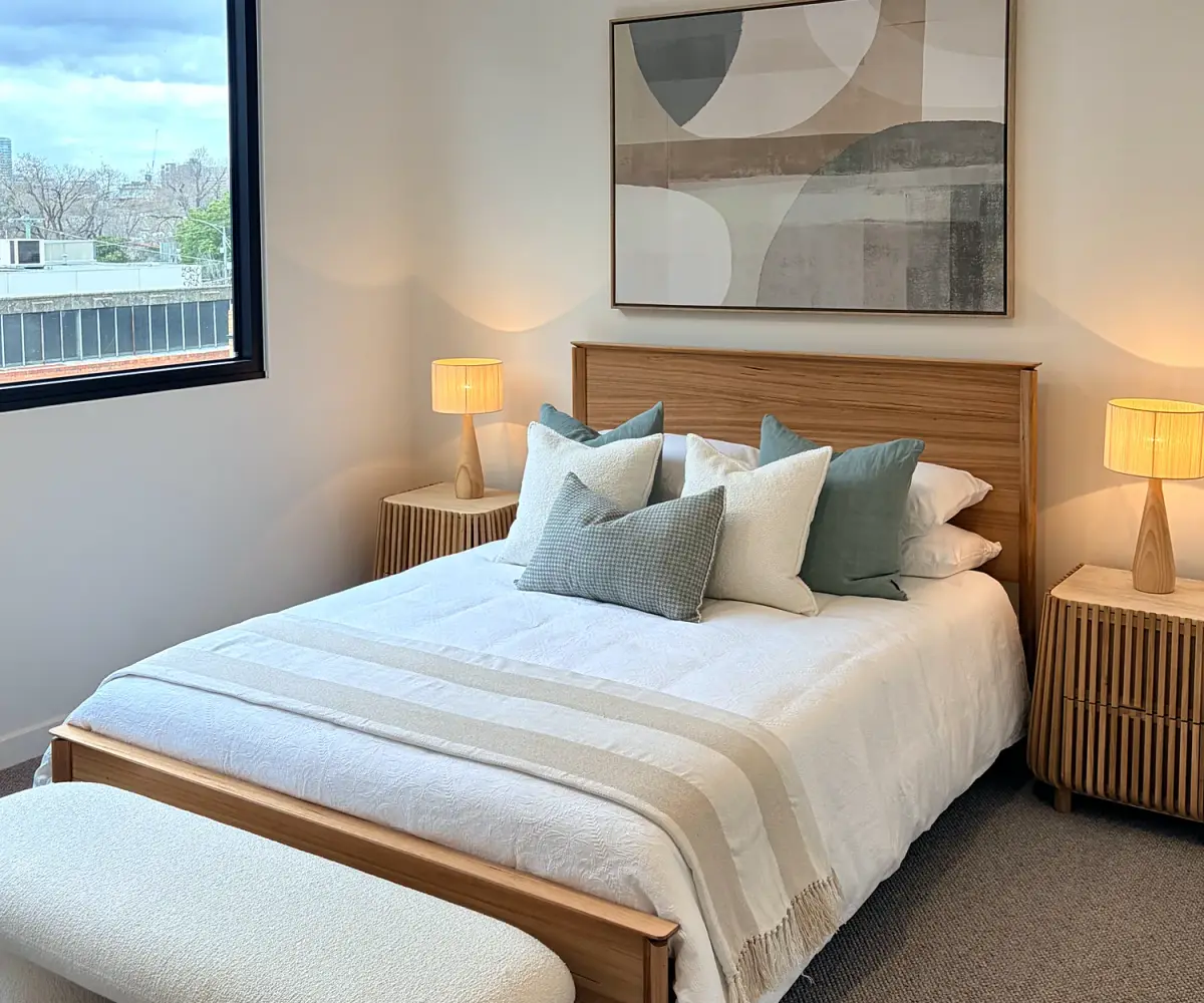Main bedroom with a timber bedhead, layered cream and sage bedding and a boucle bench.